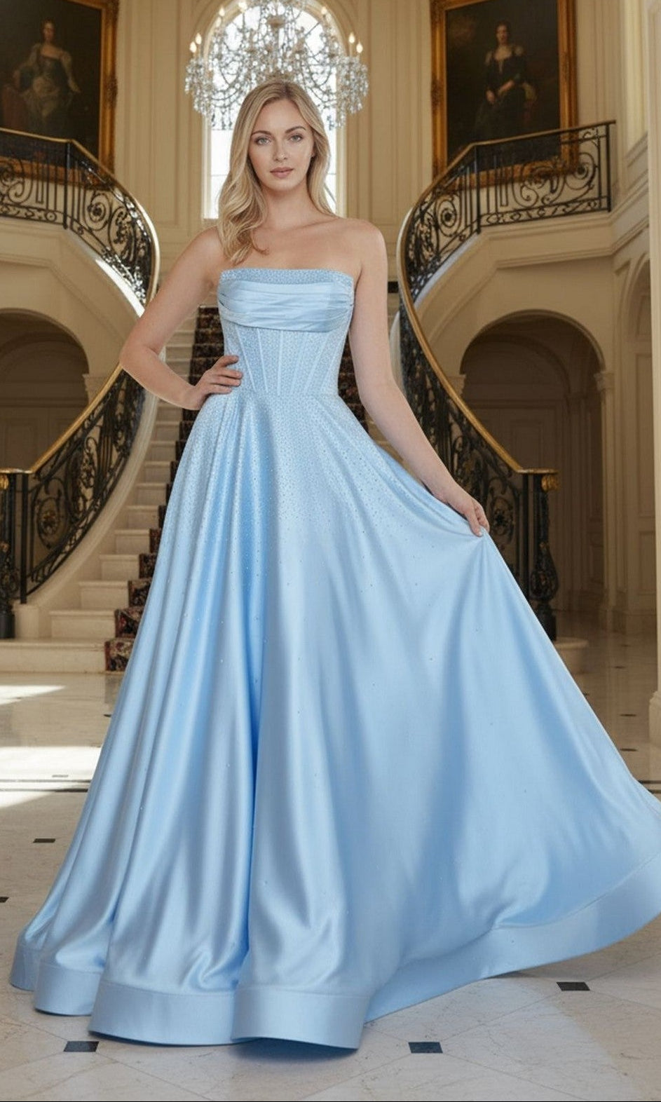 A woman in the Poly USA 25132 long blue prom dress with a ball gown silhouette stands in an elegant foyer, highlighted by a grand staircase and classical decor.